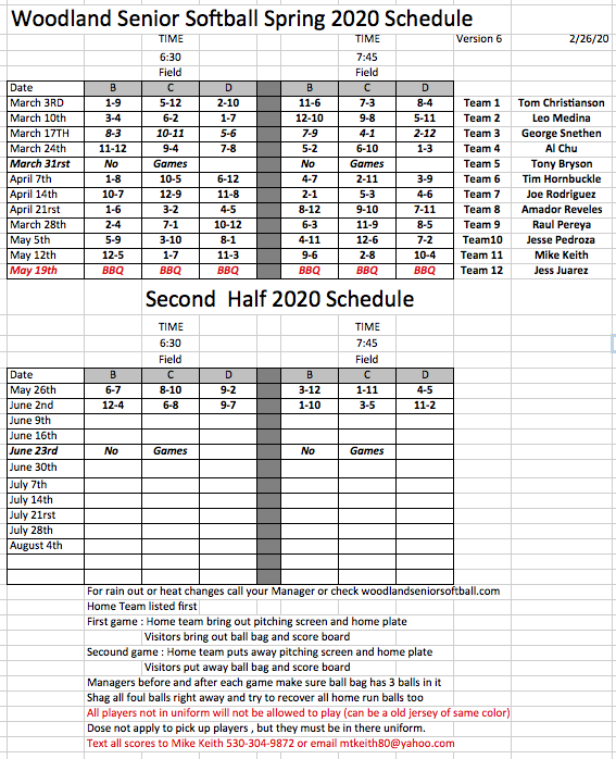 Schedule Woodland Senior Softball